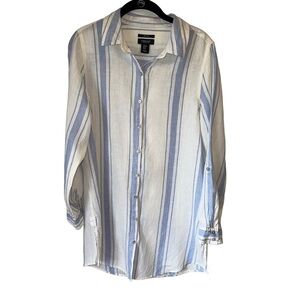 Jones New York Women’s Button Down Long Sleeve White & Blue Striped Linen Top M